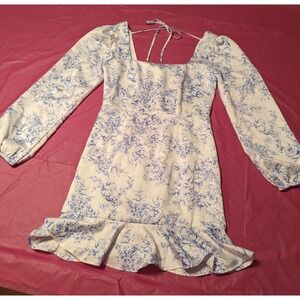 Forever 21 S blue white long sleeve zipper back ruffle flower design dress NWT